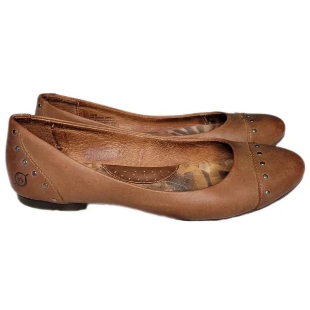Born Lola Brown Leather Studded Cap Toe Ballet Flats Shoes Sz 7.5
